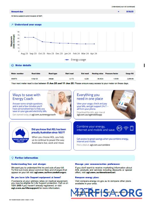 Printable Australia AGL Gas utility bill template in Word and PDF formats, 3 pages, 3rd page